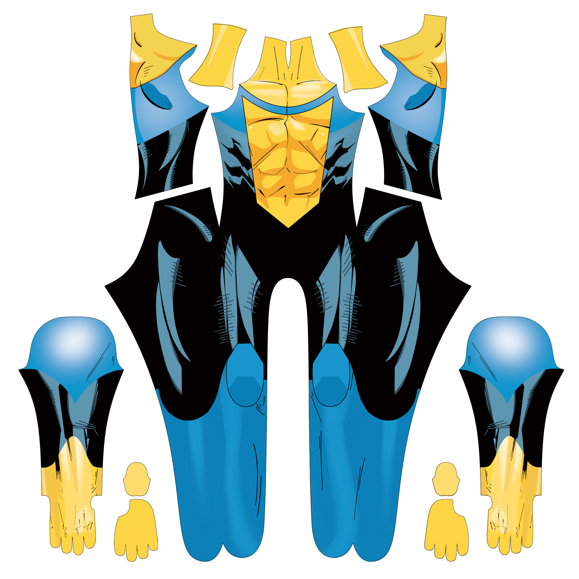 Invincible Yellow Blue Shaded Muscle Comic Hero Pattern Male Bodysuit
