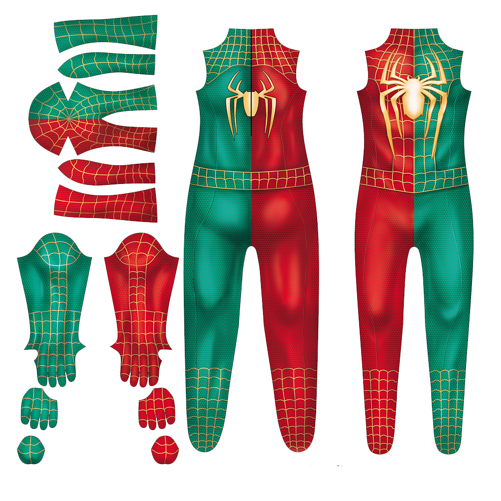 Christmas Spider-Man Red Green Spandex Bodysuit Gold Spider Men Kids Costume