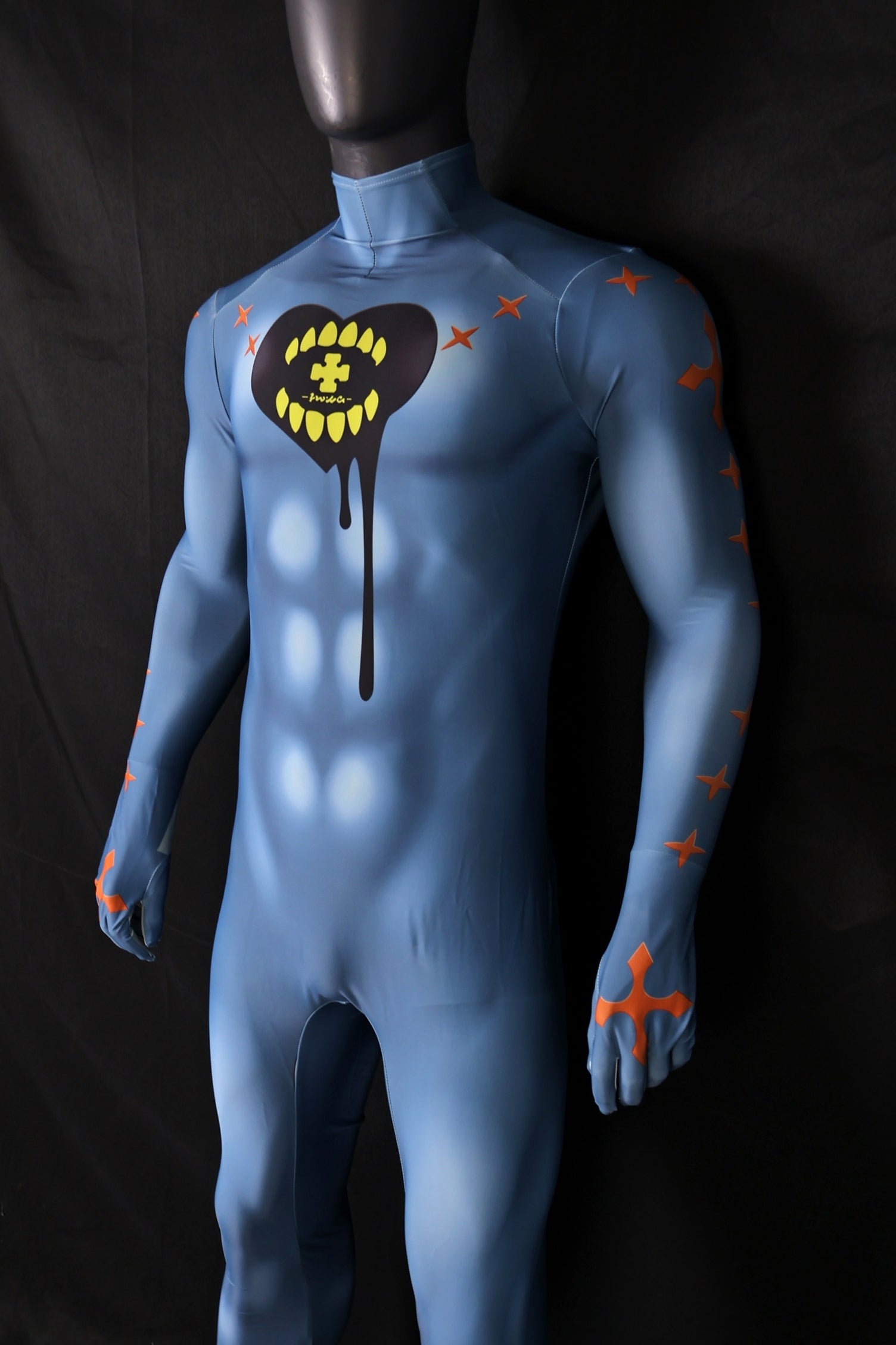Happy Chaos Sky Blue Spandex Bodysuit Orange Star Men XL Cosplay Costume