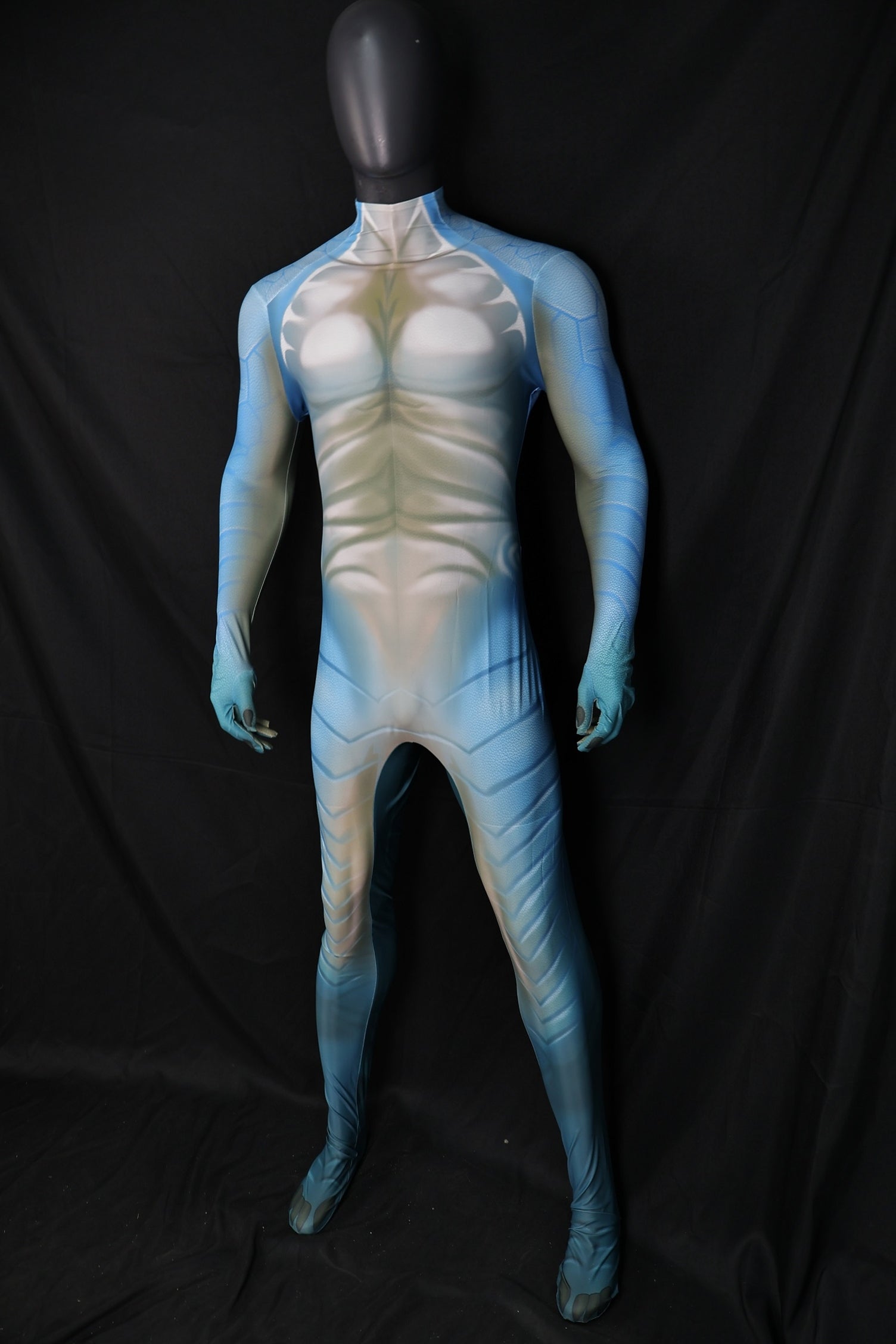 Commissioning professional male cyan shark performance suits for bespoke cosplay projects