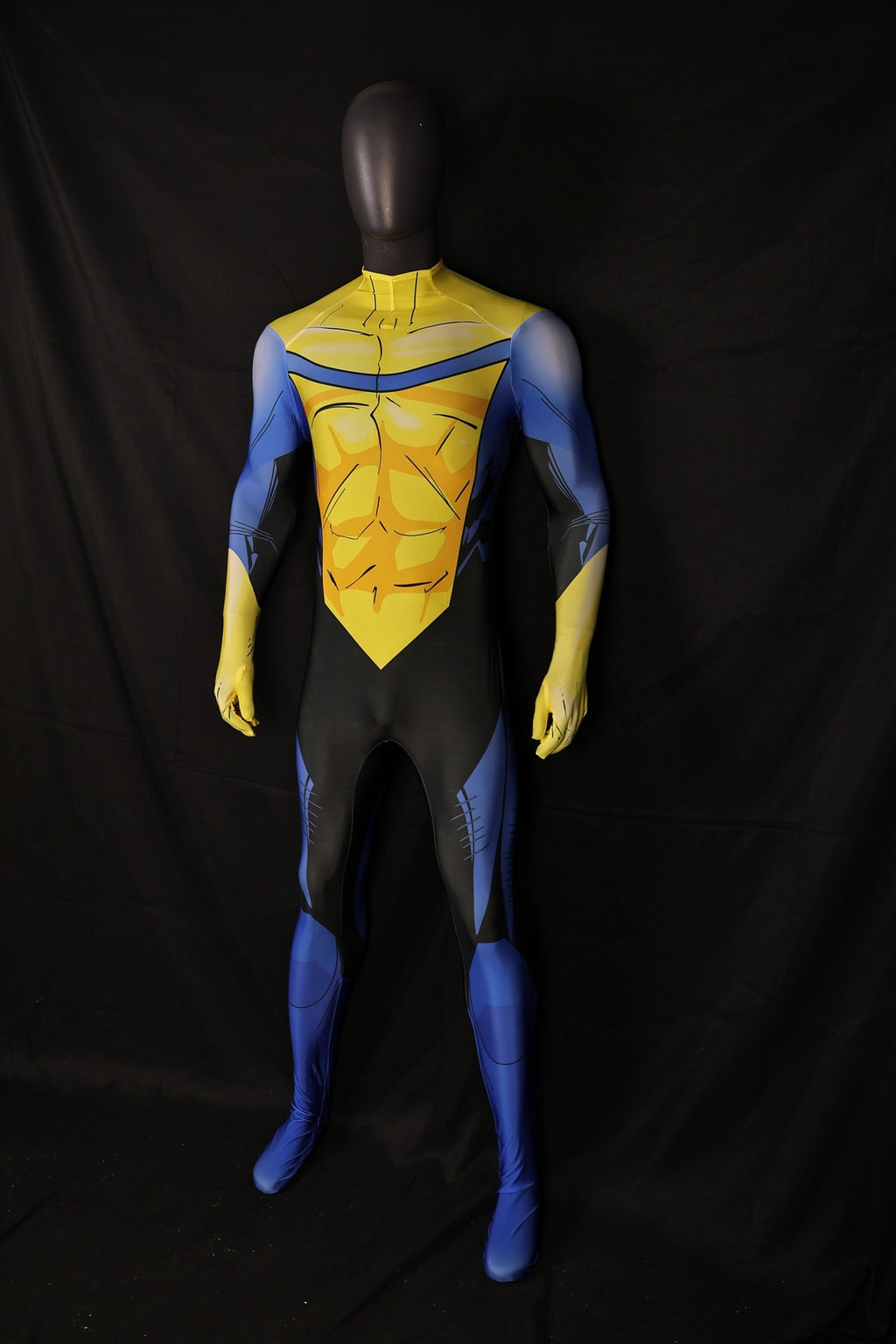 Invincible Yellow Blue Shaded Muscle Comic Hero Pattern Male Bodysuit