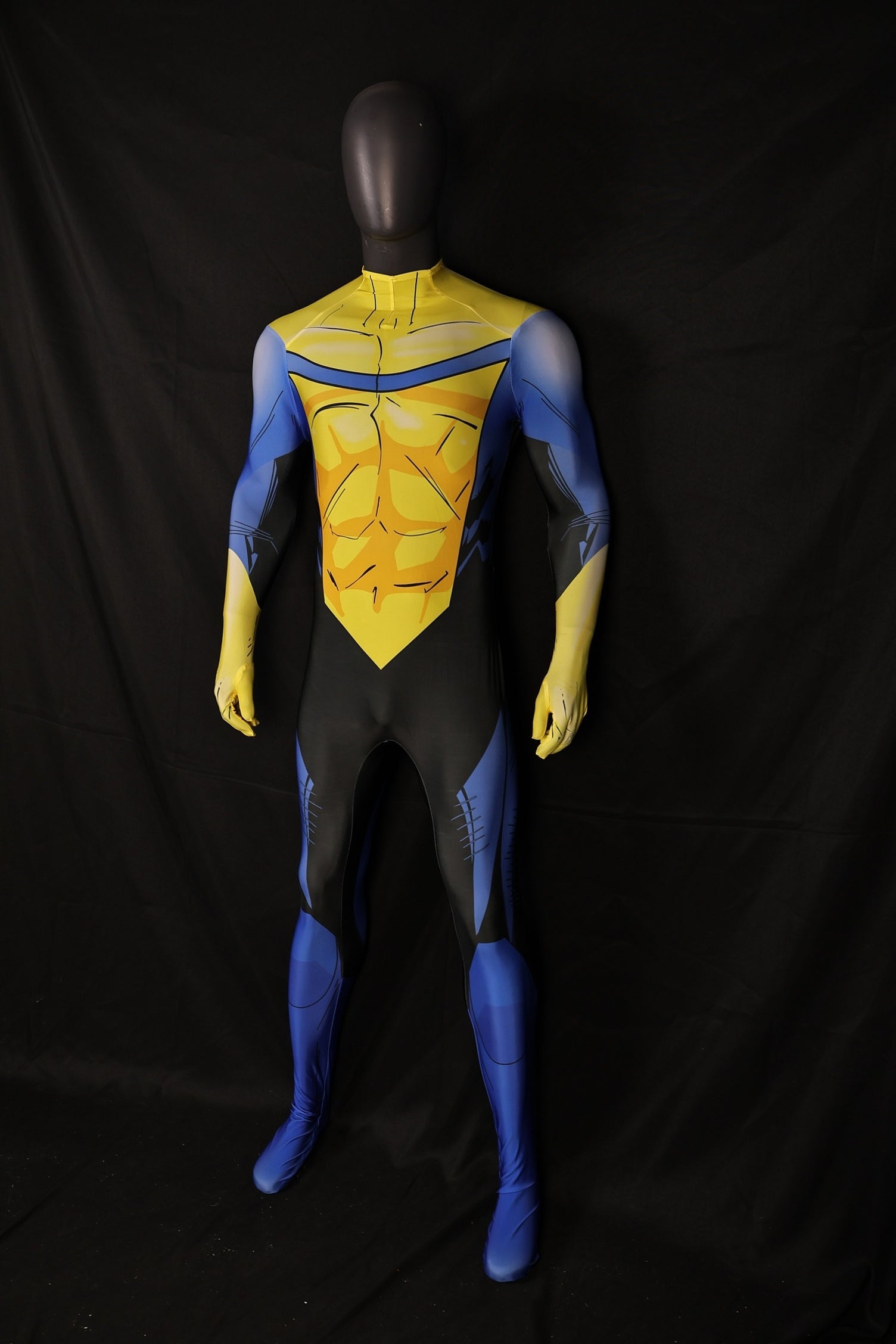 Invincible Yellow Blue Shaded Muscle Comic Hero Pattern Male Bodysuit