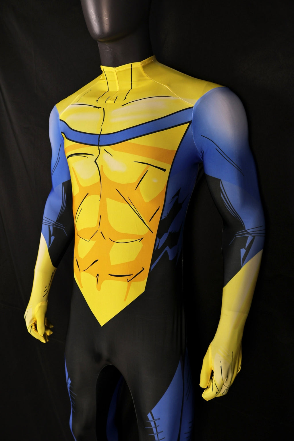 Invincible Yellow Blue Shaded Muscle Comic Hero Pattern Male Bodysuit