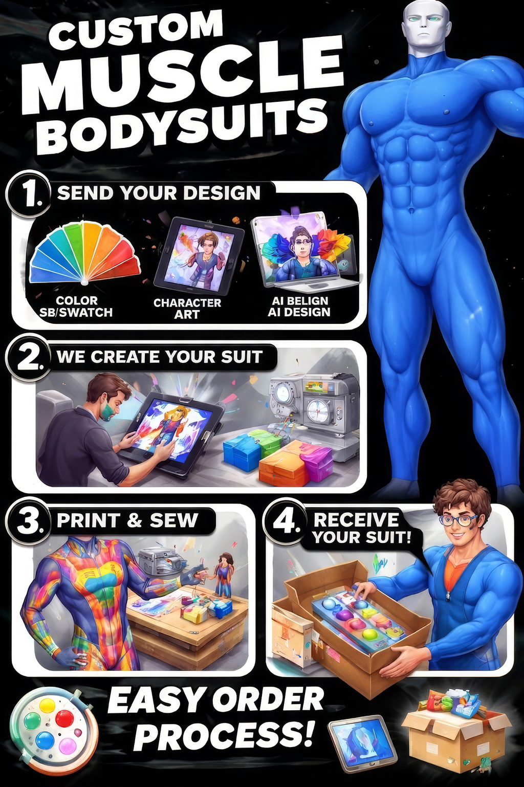 Professional Custom Design Muscle Suit - Your Image/Character to Life - 3D Padded Lycra Bodysuit
